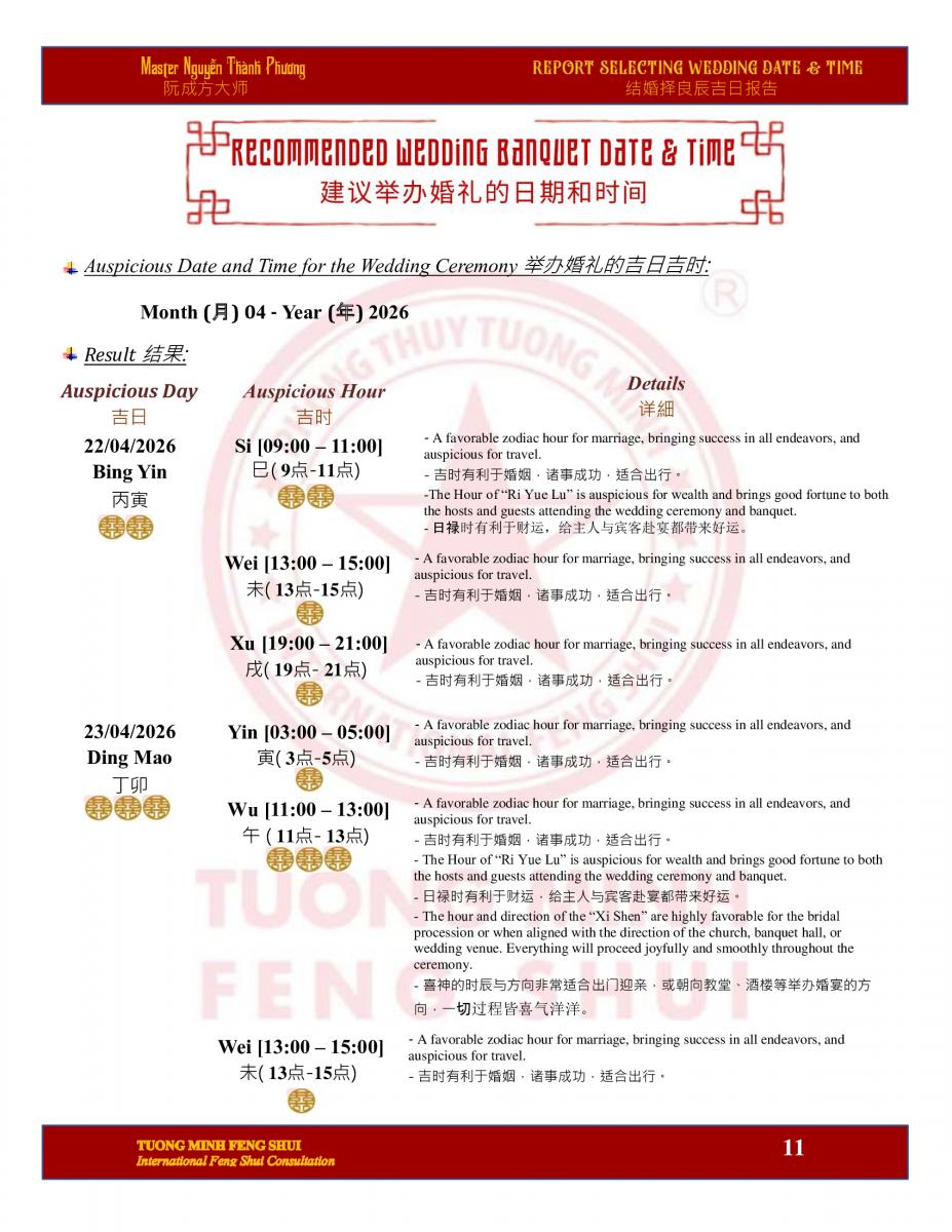 Báo cáo Chọn Ngày Giờ Cưới Hỏi - Phiên bản song ngữ tiếng Anh - Trung