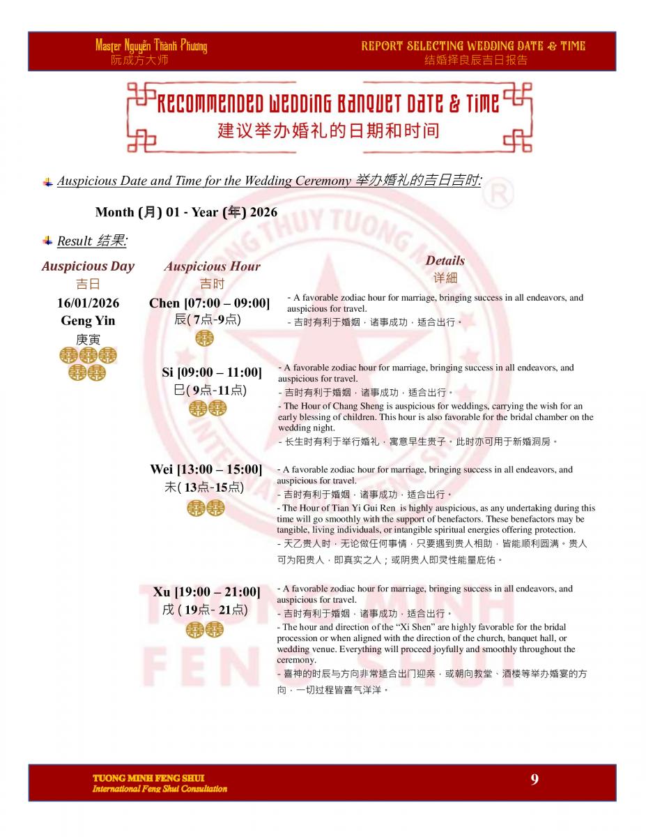 Báo cáo Chọn Ngày Giờ Cưới Hỏi - Phiên bản song ngữ tiếng Anh - Trung